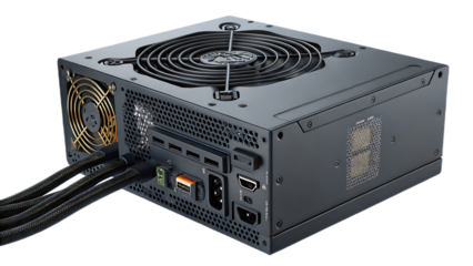 A black computer power supply unit with cables and cooling fan, providing the necessary electricity to power a high performance computing system isolated on transparent background