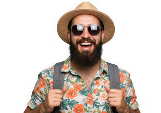 Happy tourist wearing hat and sunglasses on transparent background