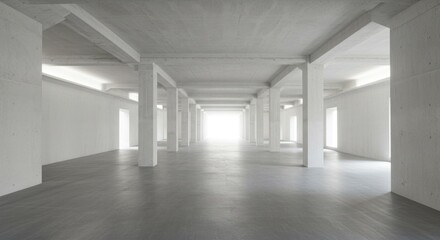 Fototapeta premium An empty sunlit concrete industrial building with columns