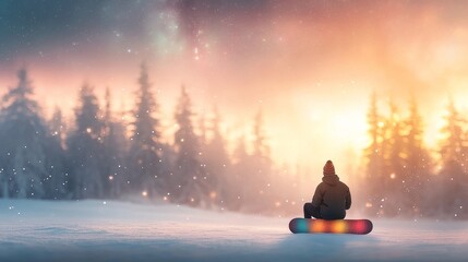Snowboarder enjoying a serene sunset in winter wonderland mountains landscape photography tranquil environment wide angle view