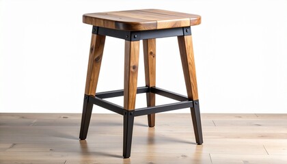Wooden stool with square seat, black metal brackets and footrest on light wood floor.