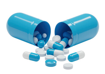 3D illustration of blue pill capsule broken open with white and blue medicine spheres on transparent background