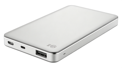 A sleek silver portable power bank, isolated on transparent background, offers a convenient and stylish way to charge mobile devices on the go, ensuring you stay connected
