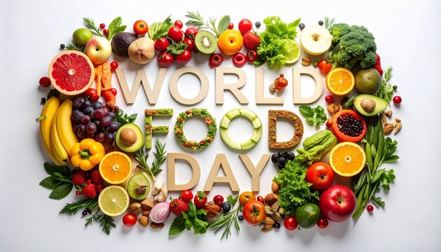 “WORLD FOOD DAY” text surrounded by colorful fruits and vegetables on white background. - Powered by Adobe