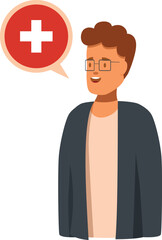 Smiling man with glasses is talking about healthcare, medicine and health insurance