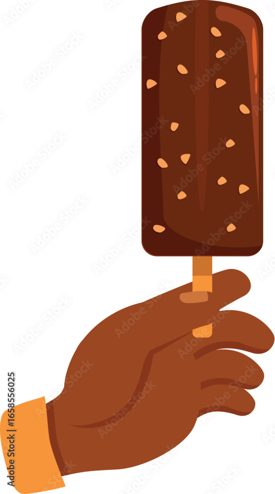 Poster hand holds a chocolate covered ice cream bar sprinkled with nuts, providing a refreshing summer trea