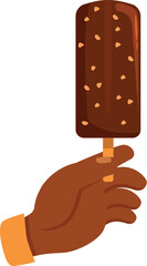 Hand holds a chocolate covered ice cream bar sprinkled with nuts, providing a refreshing summer treat