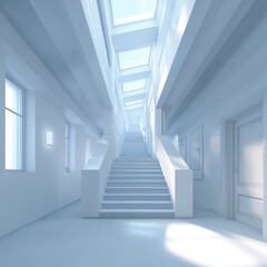 Obraz premium interior of a bright, clinical room with skylights, numerous doorways, and an infinite staircase at the center