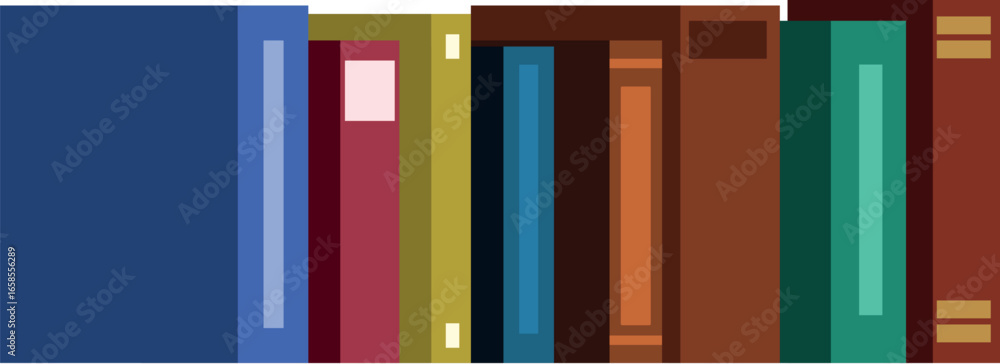 Poster different colorful books are standing in a row on a simple bookshelf