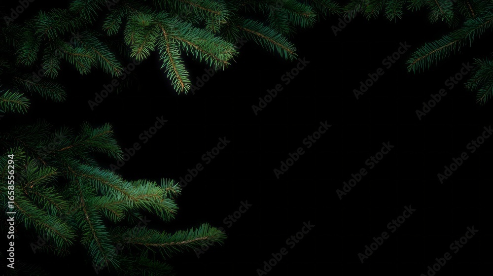 Poster green pine branches create a natural frame in a dark background during nighttime in a tranquil fores