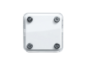 Square white device with clear plastic casing and four metal screws