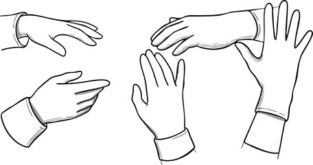 Obraz premium Hands in various positions wearing gloves black and white vector illustration 
