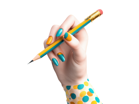 Hand holding pencil, vibrant nail art and polka dots