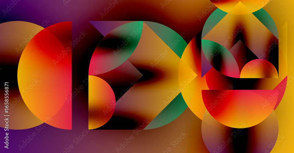 Poster abstract composition featuring overlapping colorful circles, gradients, dynamic shapes. vivid hues c