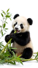 Fototapeta premium panda eating bamboo giant panda eating bamboo Animal cute rock 9:16 Wallpaper baby bear