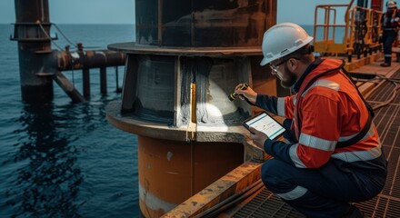 Visual documentation of quality assurance tests during offshore monopile grouting highlighting sealing and bonding processes.