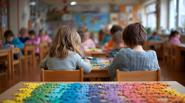 Children are sitting at their desks in a preschool classroom in a kindergarten decorated with multicolored jigsaw puzzles. World Autism Awareness Day