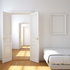 Bright white bedroom interior with open doors leading to other rooms and a simple white bed and framed artwork for minimalist living