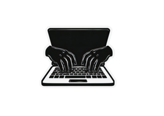 A laptop computer with large, stylized hands typing on the keyboard