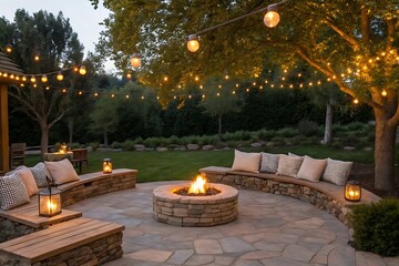A cozy backyard fire pit area with stone benches, cushions, and string lights creates a warm and inviting outdoor living space for relaxation and gatherings in the evening