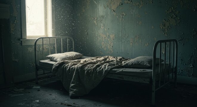 An unmade bed sits in a derelict room with peeling paint and dust motes - Powered by Adobe