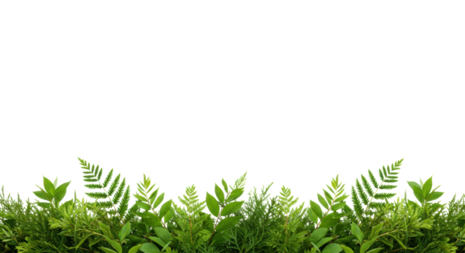 Lush vibrant green foliage with diverse leaves and delicate branches forming a clean bottom border on a transparent studio background with copy space. Concept of clean nature and growth