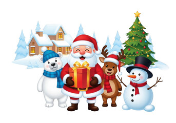 A cheerful christmas scene with santa claus, a snowman, a reindeer, and a polar bear in a snowy landscape isolated on transparent background