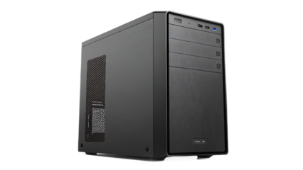A sleek black computer case designed for desktop systems, offering a modern and functional housing for pc hardware, isolated on transparent background