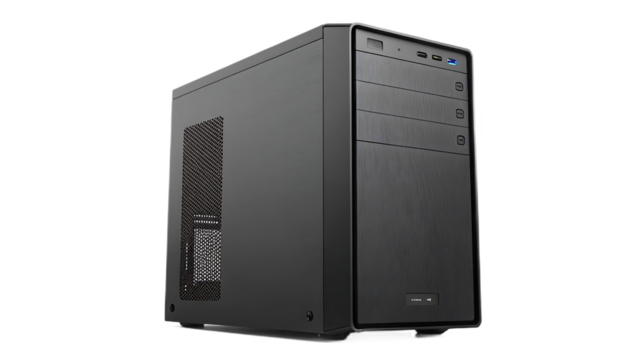 A sleek black computer case designed for desktop systems, offering a modern and functional housing for pc hardware, isolated on transparent background
