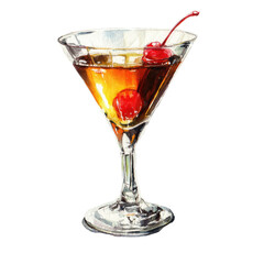 A detailed illustration of a cocktail.  A vibrant amber-colored drink in a classic martini glass, garnished with a maraschino cherry.  The glass is depicted with clear reflections