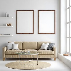 Fototapeta premium Cozy Living Room Interior with Modern Sofa Frames and Natural Light a Serene Home Decor Setting