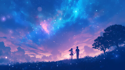 Fototapeta premium Two Silhouettes Under Stunning Night Sky with Stars and Clouds