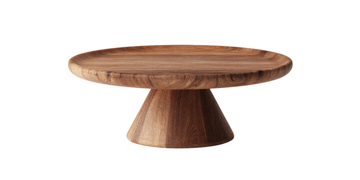 Wooden cake stand with oval top and pedestal base.  A simple, natural-toned,  wooden cake stand with a  smooth, slightly raised oval top and a tapered pedestal base