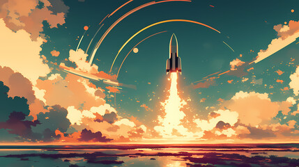 Rocket Launch into Colorful Sky with Flaming Trail