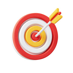 Colorful target with arrow hitting bullseye.  Bright red, white, and yellow concentric circles form a target.  A yellow arrow is lodged in the bullseye.  3D rendering style