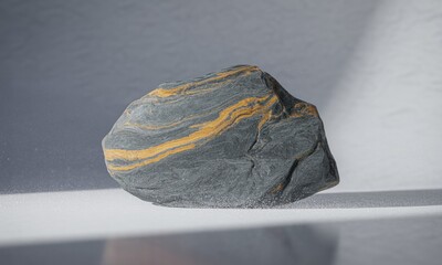 Striated rock fragment with yellow bands on a white surface in bright light