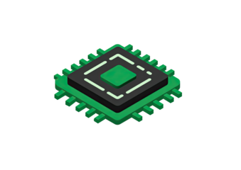 Isometric graphic of a processor chip, dark green and black.  Square die with detailed pins