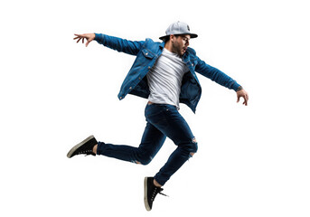 Man jumping wearing denim jacket and jeans on transparent background