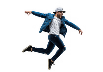 Man jumping wearing denim jacket and jeans on transparent background