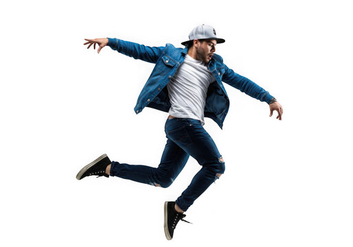 Man jumping wearing denim jacket and jeans on transparent background
