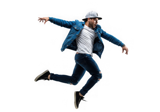 Man jumping wearing denim jacket and jeans on transparent background