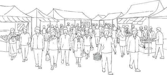 Obraz premium Diverse group of people walking in busy outdoor market street vector illustration 