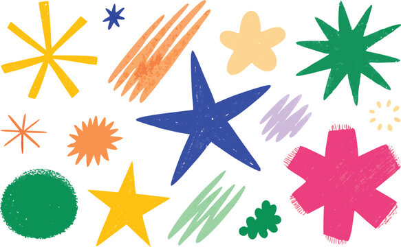Various crayon drawn asterisks and star shapes. Colorful brush drawn asterisks, vector funky geometric figures. Grunge bold and thin forms. Naive playful typography design elements. Rough symbols.