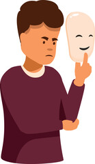 Sad teenager hiding emotions behind happy mask, depressed boy holding white smiling mask covering real feelings