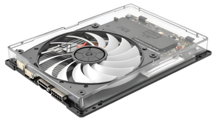 A high performance graphics card with a cooling fan, designed to enhance computer gaming and video performance, isolated on transparent background