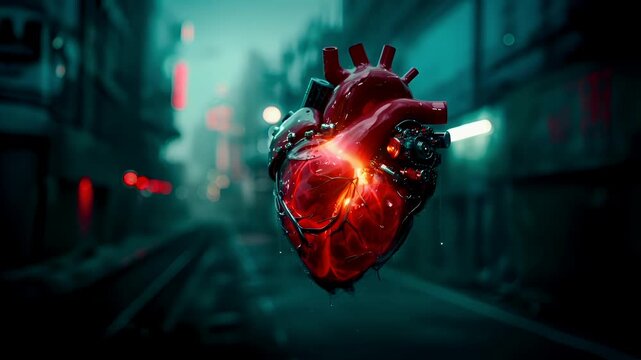 A vivid, highresolution digital artwork of a futuristic heart. The heart is depicted with intricate mechanical details, including gears and tubes, and is illuminated in a striking red hue.