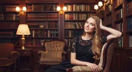 Elegant woman in library setting. Ai generation