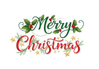 Merry christmas lettering with holly berries and gold stars isolated on transparent background for festive season greetings and holiday celebration design