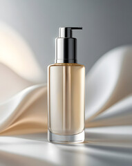 Naklejka premium Cylindrical amber glass lotion bottle with a dark metal pump on white silk