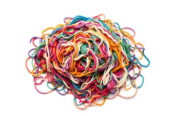 A vibrant pile of colorful embroidery floss, tangled and jumbled together against a white background.